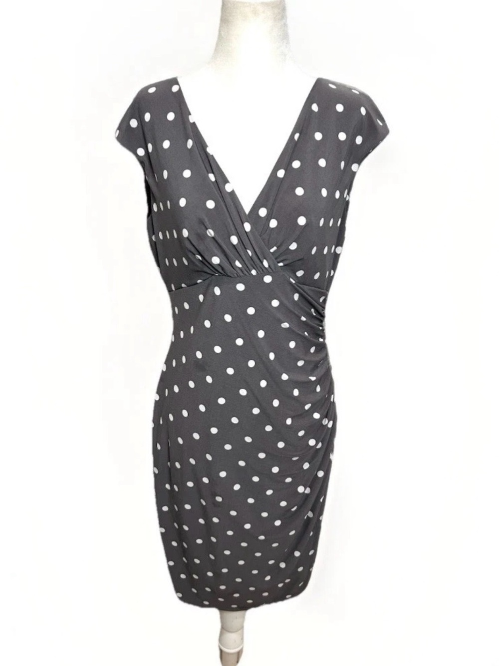 Lauren Ralph Lauren Dress Women 8 Polka Dot Gray Ruched  Midi Party Stretch